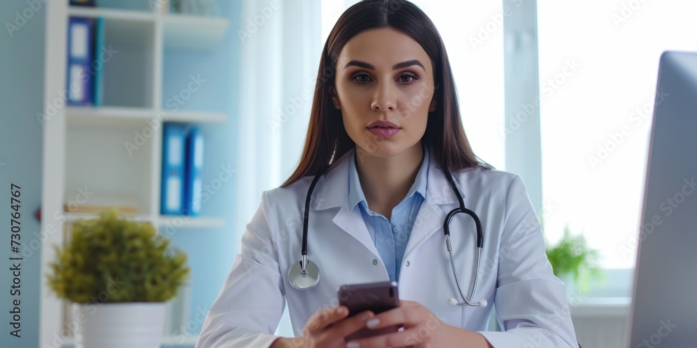 Poster a woman wearing a lab coat is focused on her cell phone. this image can be used to depict a scientis