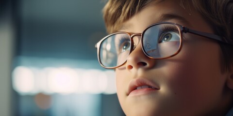 A young boy wearing glasses looks up at something, showing curiosity and wonder. This image can be used to depict exploration, learning, and curiosity in various contexts