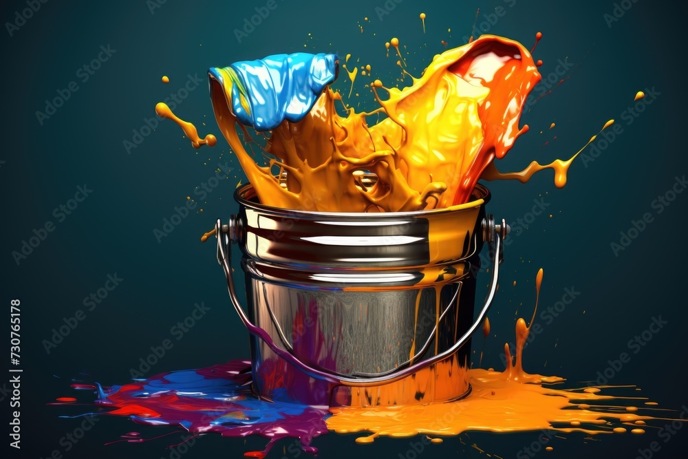 Poster a bucket of paint filled with various paintbrushes. ideal for art projects and diy home renovations