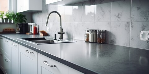 A simple and functional kitchen counter featuring a sink and a faucet. Perfect for showcasing a clean and organized kitchen space. Ideal for home improvement or interior design projects