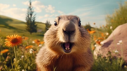 A groundhog standing in a field of flowers. Suitable for nature, wildlife, and animal themes