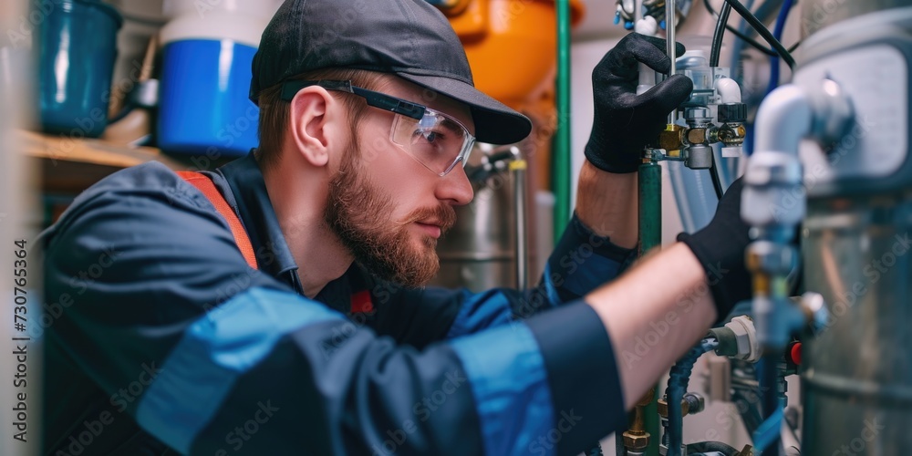 Poster A man working on a machine in a factory. Suitable for industrial and manufacturing concepts