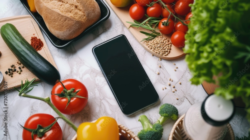 Poster a cell phone is placed on top of a table next to fresh vegetables. this image can be used to depict 