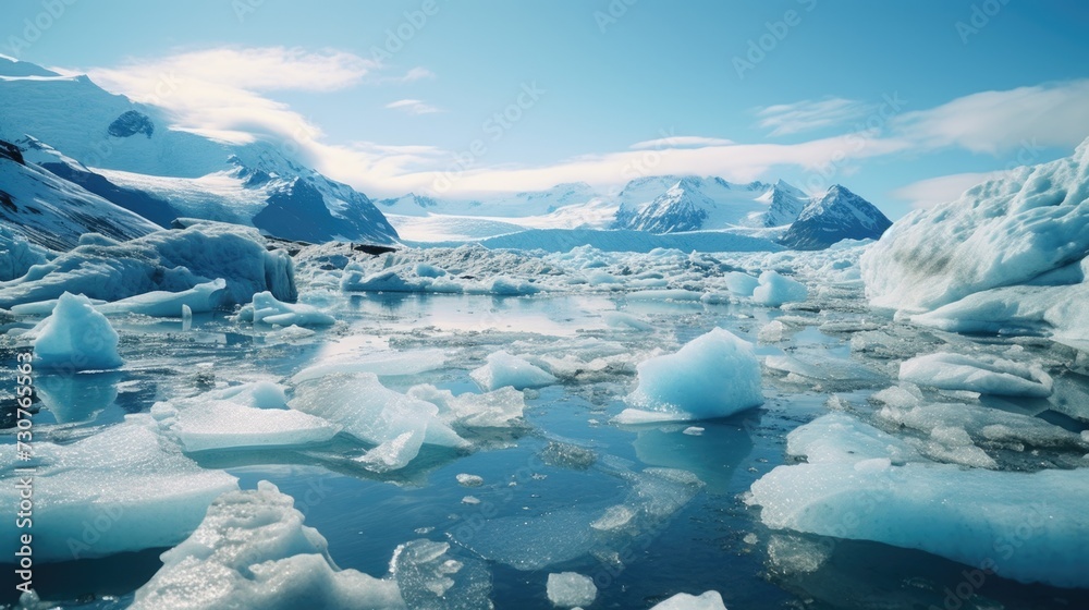 Poster a group of icebergs floating on top of a body of water. ideal for nature and climate change concepts