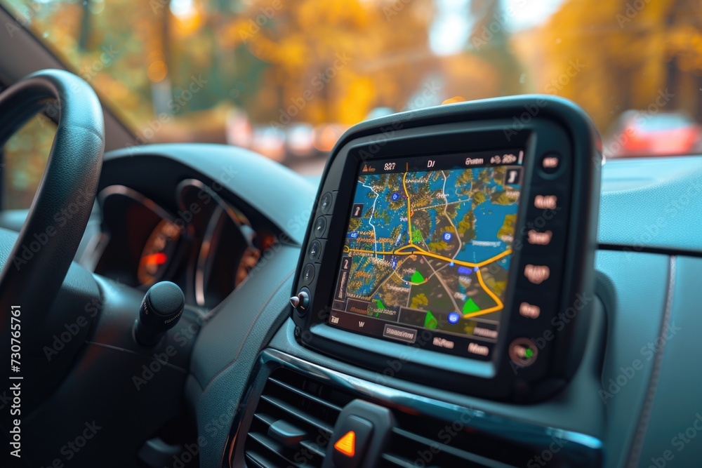Poster A close-up view of a car dashboard with a GPS device installed. This picture can be used to illustrate the modern technology and convenience of navigation systems in vehicles