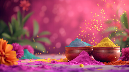 Colorful holi powder in bowl on colorful background - Format 16:9