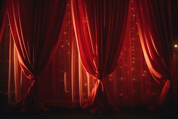 A room with a red curtain and bright lights. Ideal for theater, performances, and dramatic settings
