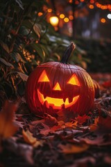 A brightly illuminated pumpkin resting on the ground. Suitable for Halloween-themed designs and decorations