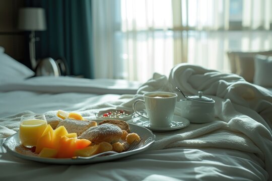A plate of food sits on a bed next to a cup of coffee. This image can be used to depict a cozy breakfast in bed or a lazy morning routine