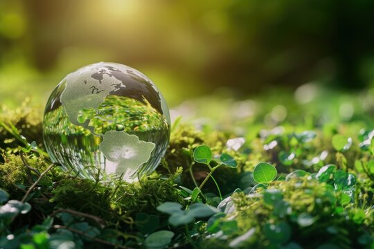 A glass globe placed on a vibrant green field. This image can be used to symbolize global concepts or environmental themes