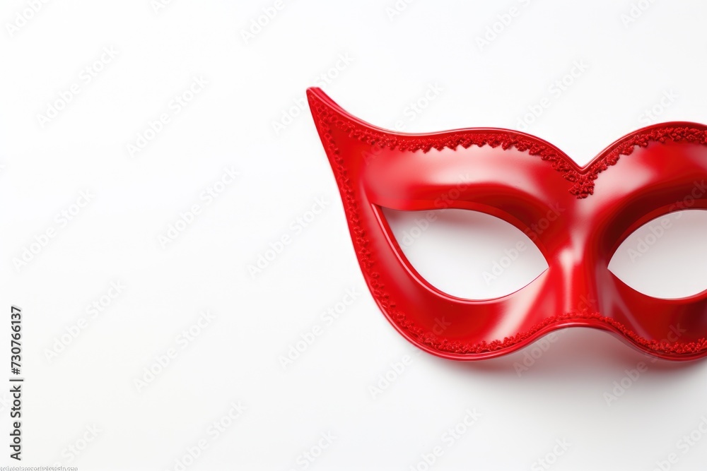 Poster A red mask placed on a clean white surface. Perfect for adding a touch of mystery and intrigue to your projects