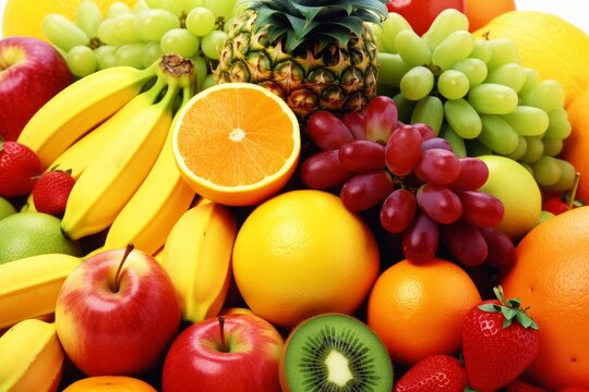 Colorful assortment of delicious fresh fruits on platter for healthy eating and nutrition