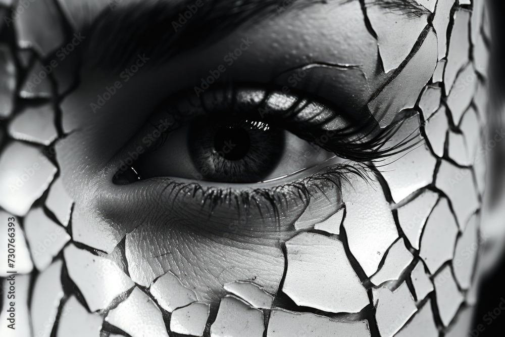 Poster a black and white photo showcasing a close-up view of a woman's eye. this image can be used for vari