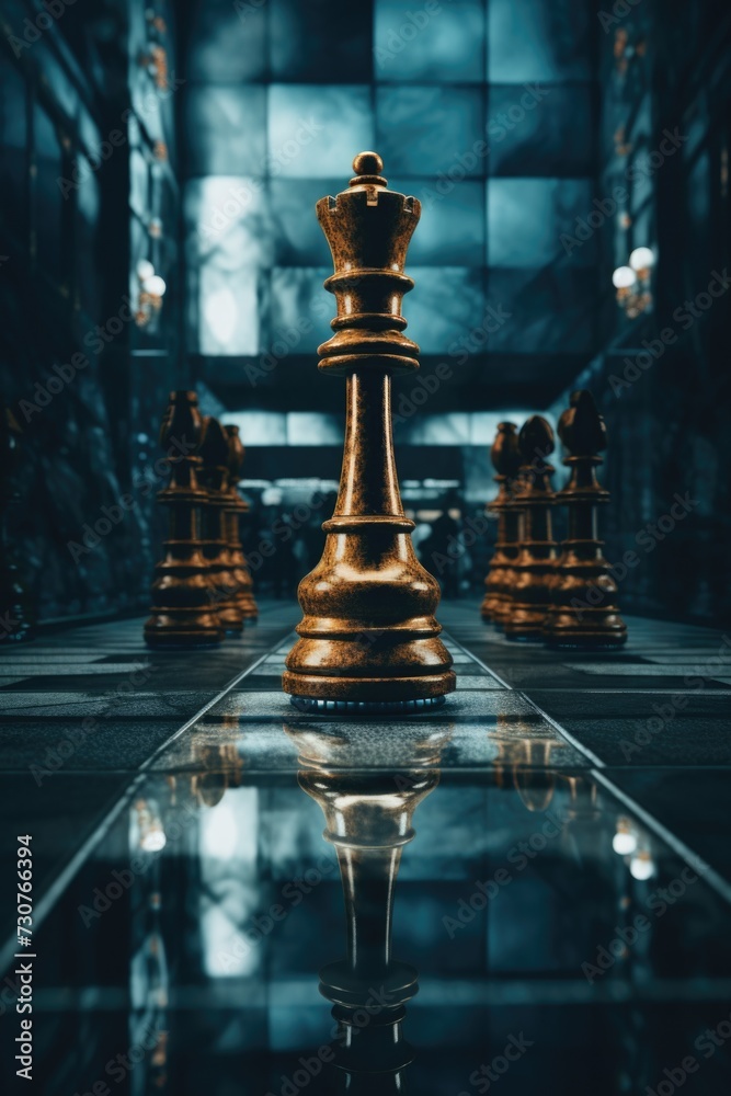 Poster a chess board with a single chess piece in the center. suitable for illustrating strategy, competiti