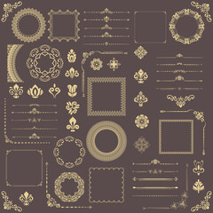 Vintage set of horizontal, square and round elements. Elements for backgrounds, frames and monograms. Classic patterns. Set of brown and golden patterns