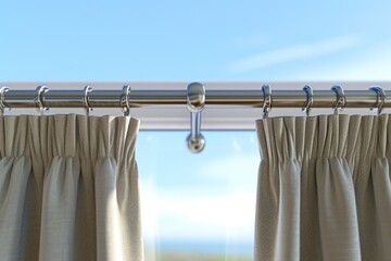 A detailed close up of a curtain with a window in the background. Perfect for adding a touch of elegance to any interior design project