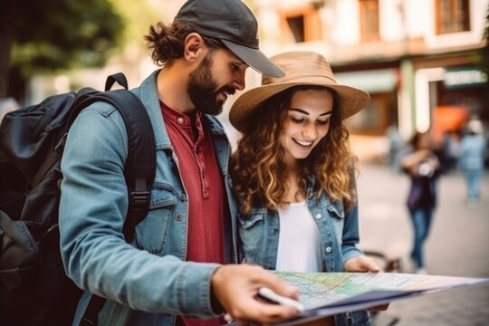 A man and a woman are seen looking at a map. This image can be used to depict travel planning or navigation