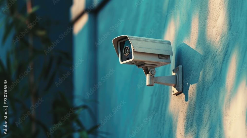 Poster A security camera mounted on the side of a building. Suitable for surveillance and security-related projects