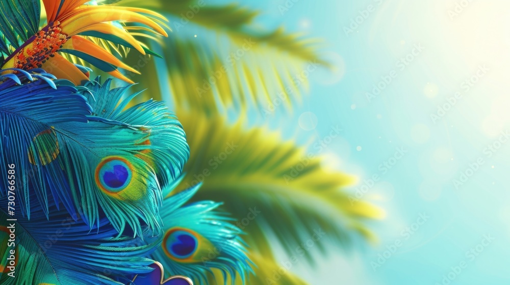 Poster peacock feathers hanging from a palm tree. suitable for tropical themes and nature-inspired designs