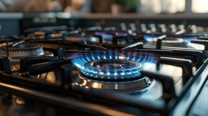 A detailed close-up of a gas stove with blue flames. This image can be used to depict cooking, household appliances, or energy efficiency