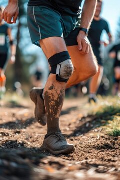 A man wearing knee pads is running on a trail. This image can be used to illustrate fitness, outdoor activities, or sports