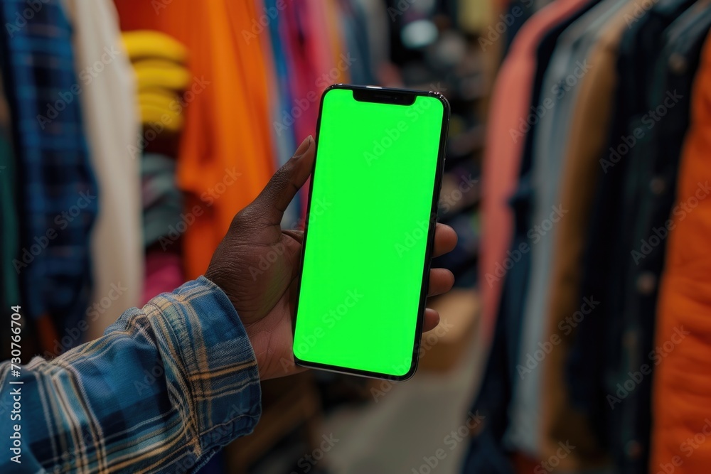 Aufkleber A person holding a phone with a green screen. This image can be used for various purposes, such as showcasing a mobile app or website.