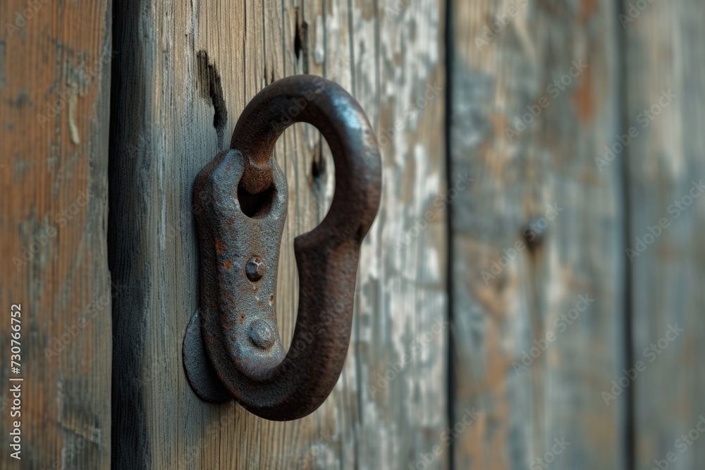 Poster a close-up view of a door handle on a wooden door. this image can be used to represent security, acc