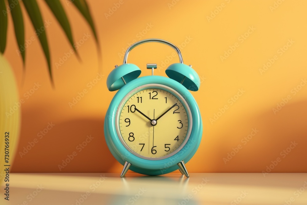 Poster a blue alarm clock sitting on top of a table. perfect for time management concepts or morning routin