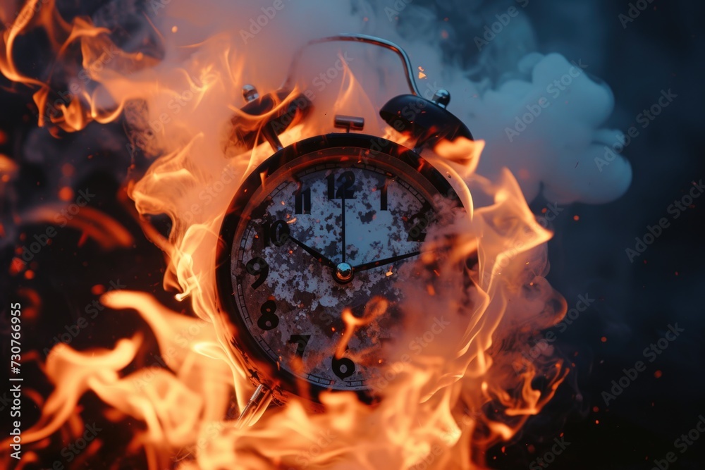 Poster an alarm clock engulfed in flames, emitting smoke. suitable for concepts related to urgency, time ru