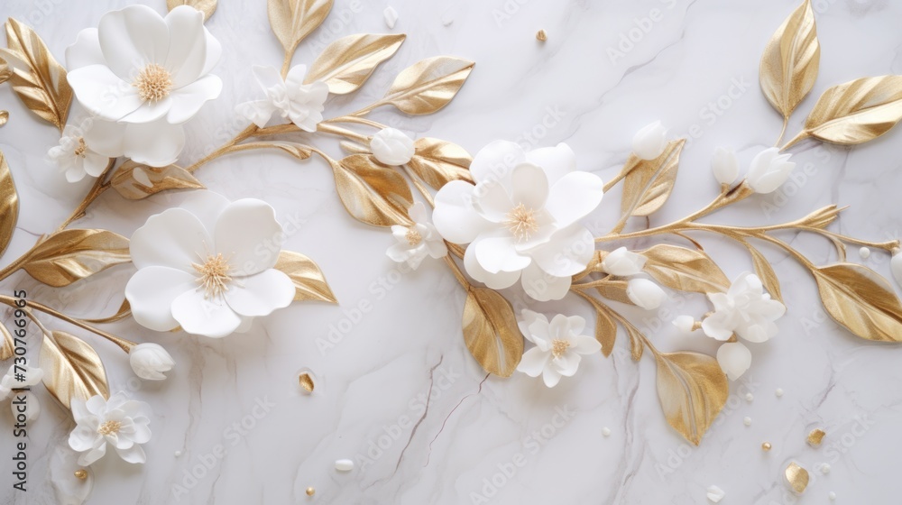 Poster Close up view of colorful flowers arranged on a smooth marble surface. Perfect for adding a touch of elegance to any design project
