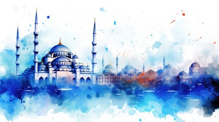 A beautiful watercolor painting of a blue mosque. Perfect for adding a touch of elegance to any space