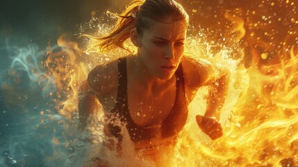 A lady sprinting with flames behind her. Generative Ai.