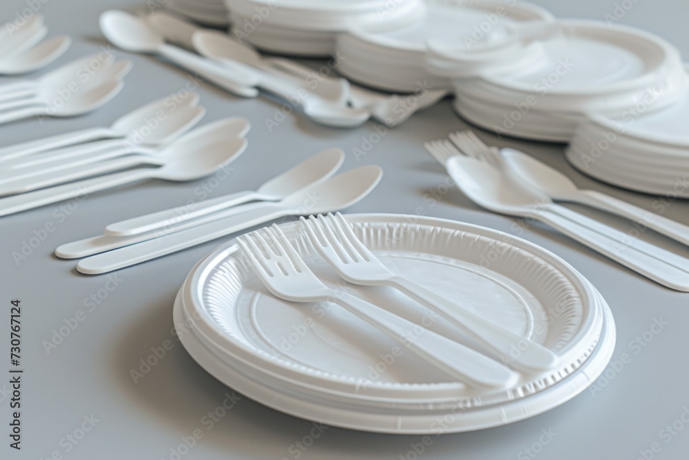 Aufkleber Table topped with white plates and silverware, suitable for various dining and culinary concepts