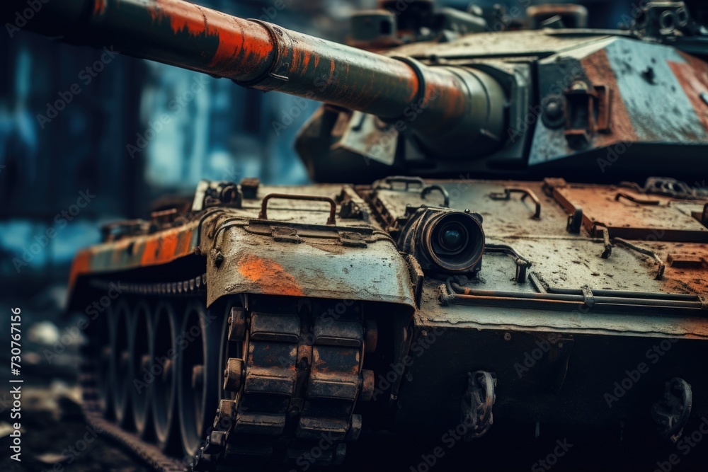Poster a rusted tank is pictured sitting on top of a train track. this image can be used to depict abandonm