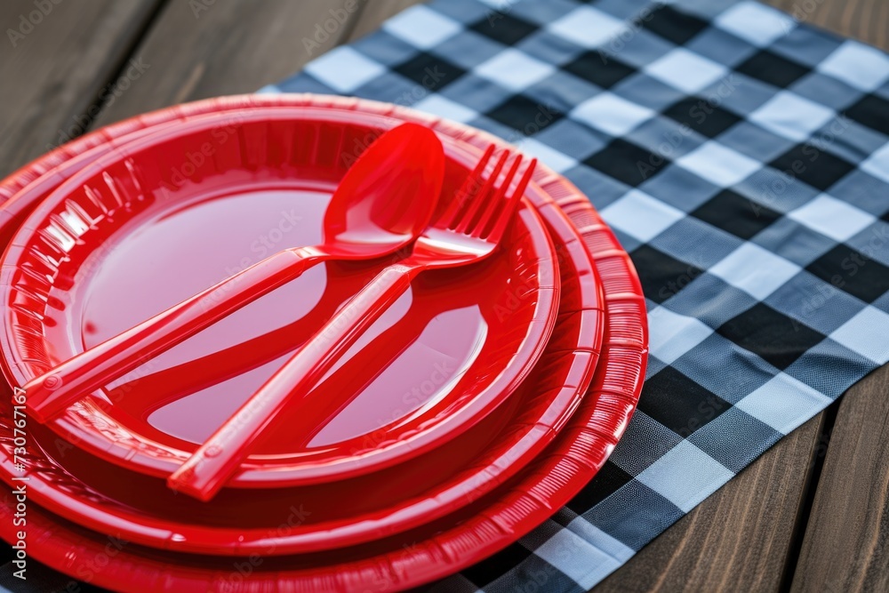 Poster a red plate with a fork and a spoon. suitable for food and dining-related designs