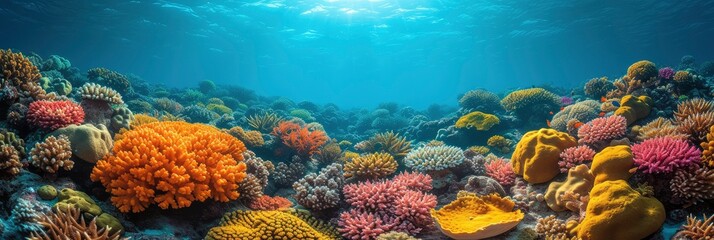 Fototapeta na wymiar Coral Reef Under Deep Blue Sea, Background Banner HD