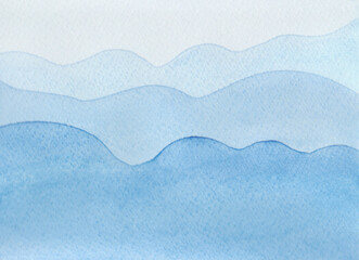 Watercolor illustration of sea waves. Blue wavy abstract background hand-drawn. A banner with a gradient for design, decoration with a place for text. Seascape. The texture of watercolor on paper.