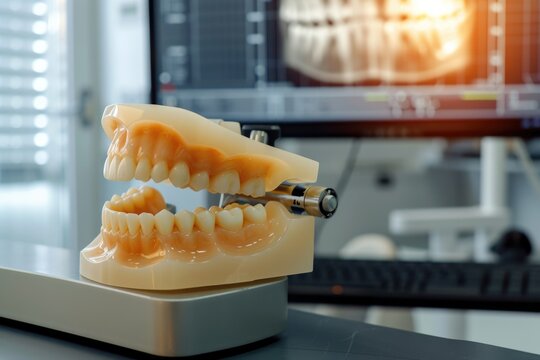 A model of teeth placed on a desk. This image can be used for dental education or in a dental office setting