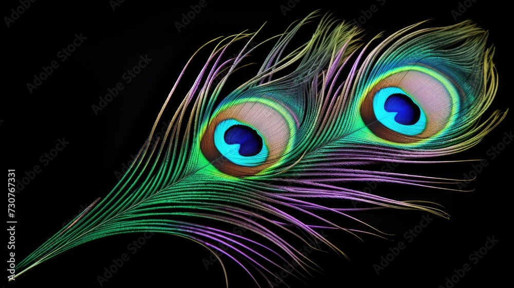Poster A close up view of two vibrant peacock feathers on a black background. This image can be used for various purposes, such as nature-themed designs or as a decorative element