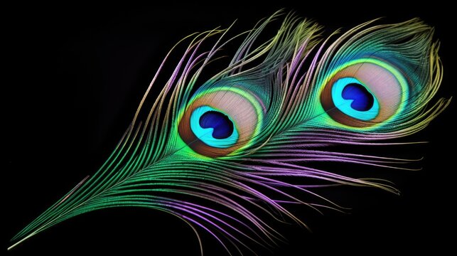 A close up view of two vibrant peacock feathers on a black background. This image can be used for various purposes, such as nature-themed designs or as a decorative element