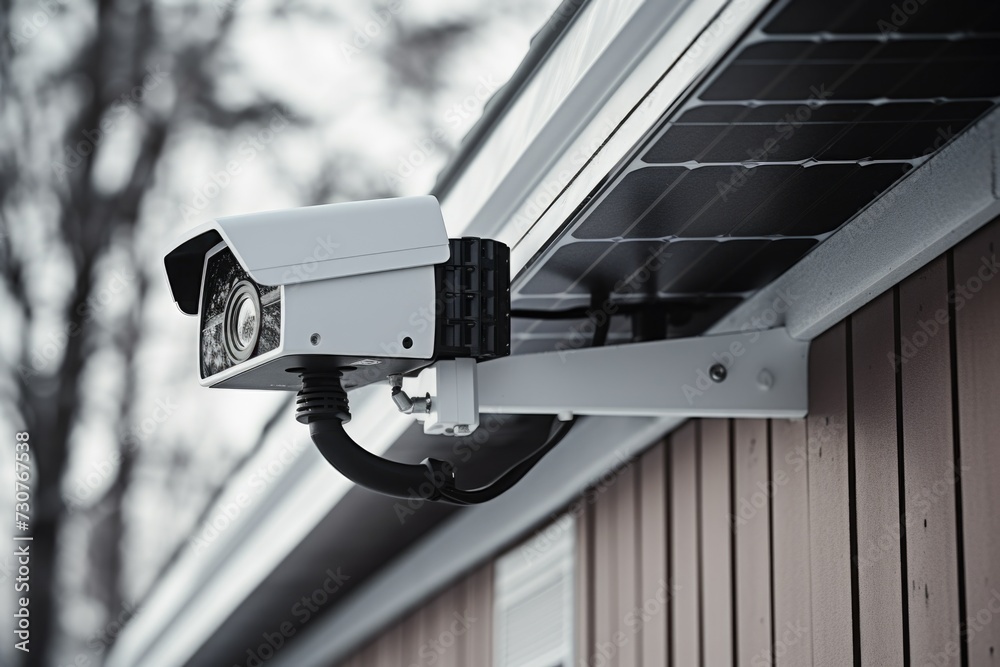 Poster A security camera mounted on the side of a building. Suitable for surveillance and security-related projects