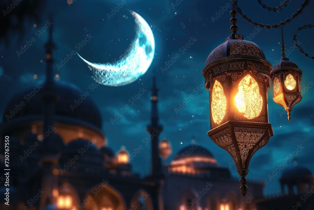 Poster a lantern hanging from a chain in front of a mosque. perfect for religious or cultural-themed projec