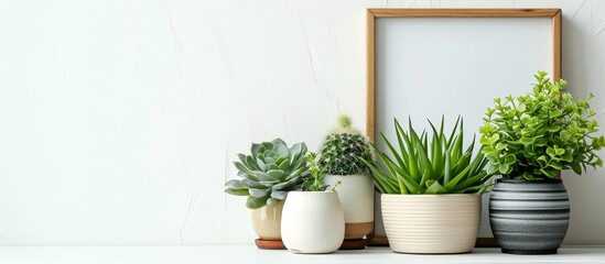 A gathering of houseplants in flowerpots and a wooden picture frame situated on a shelf, enhancing the hardwood flooring with a rectangular arrangement of terrestrial plants.