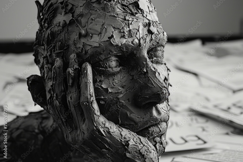Poster A black and white photo of a sculpture depicting the face of a man. This image can be used to add a touch of sophistication and elegance to any artistic or creative project