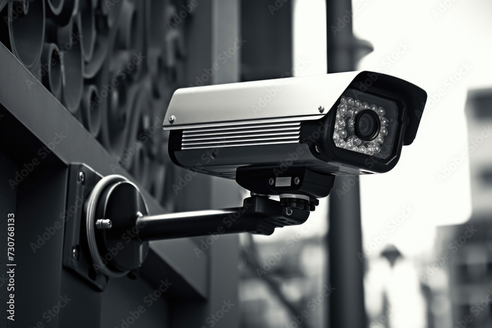 Poster A security camera mounted on the side of a building. Suitable for surveillance and monitoring purposes