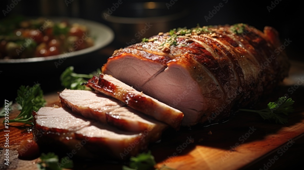 Poster a photograph of a large piece of meat on a cutting board. this versatile image can be used to repres