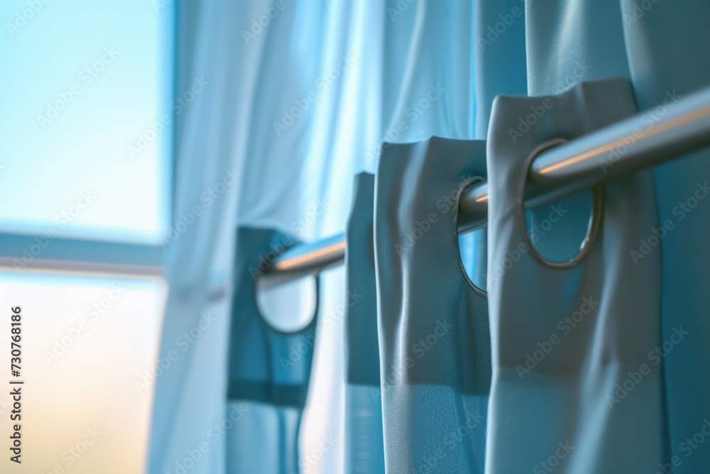 Poster a close-up view of a curtain with a ring on it. this image can be used to depict home decor or windo