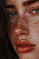 A close-up image of a woman with freckles on her face. This picture can be used to portray natural beauty or to promote skincare products