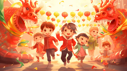 Little asian girl with red paper lanterns on Chinese New Year with dancing lion