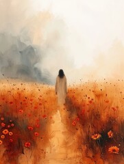 Painting of Jesus in flower field, the cross, AI generated